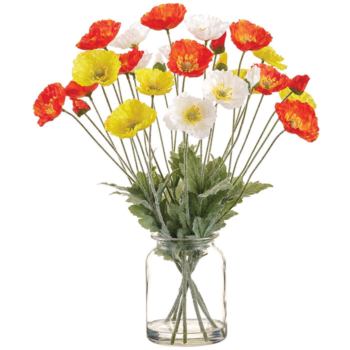 17" Poppy Silk Flower Arrangement w/Glass Vase -Orange/Yellow - LFP280-OR/YE