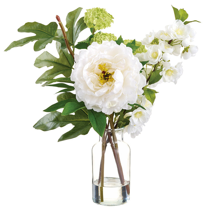 17" Peony, Snowball & Blossom Silk Flower Arrangement w/Glass Vase -Cream/Green (Pack of 2) - LFP552-CR/GR
