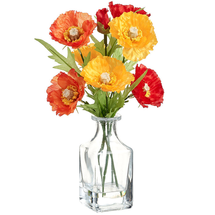 10" Poppy Silk Flower Arrangement w/Glass Bottle -Mixed Colors (Pack of 12) - LFP703-MX