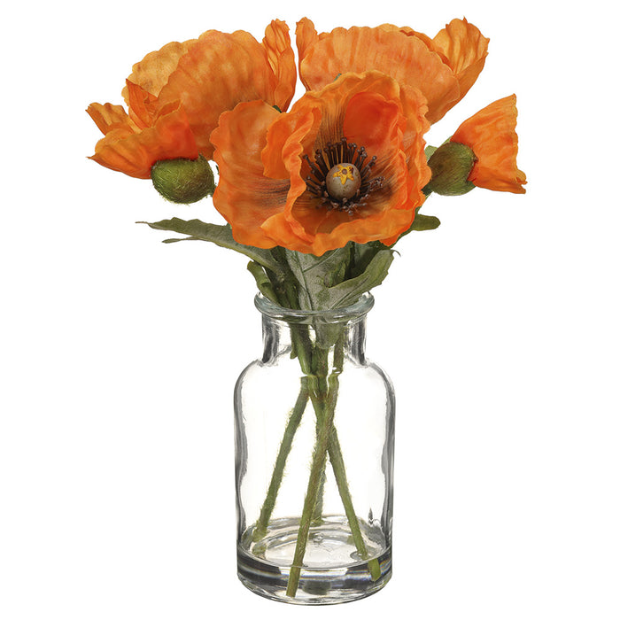 9.5" Silk Poppy Flower Arrangement w/Glass Vase -Orange (pack of 6) - LFP862-OR