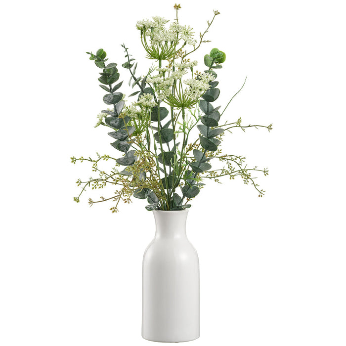 20" Queen Anne's Lace & Eucalyptus Leaf Silk Flower Arrangement w/Ceramic Bottle -Cream/Green (pack of 6) - LFQ036-CR/GR