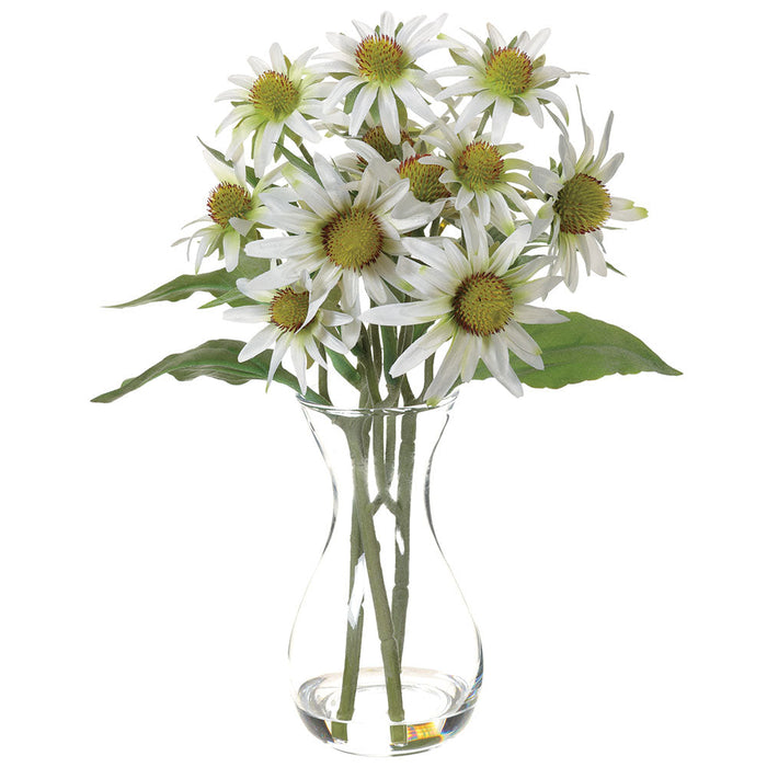 14" Rudbeckia Silk Flower Arrangement w/Glass Vase -White (Pack of 12) - LFR006-WH