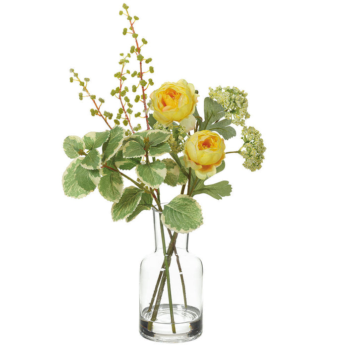 15" Ranunculus, Angelica & Herb Silk Flower Arrangement w/Glass Vase -Yellow/Green (pack of 6) - LFR009-YE/GR