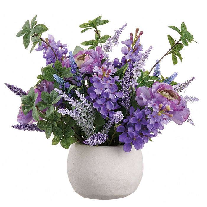 14" Ranunculus, Lilac & Lavender Silk Flower Arrangement w/Cement Pot -Purple/Lavender (Pack of 4) - LFR026-PU/LV