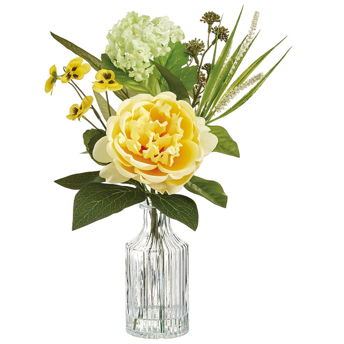 13" Cabbage Rose & Snowball Silk Flower Arrangement w/Glass Vase -Yellow/Green (Pack of 12) - LFR113-YE/GR