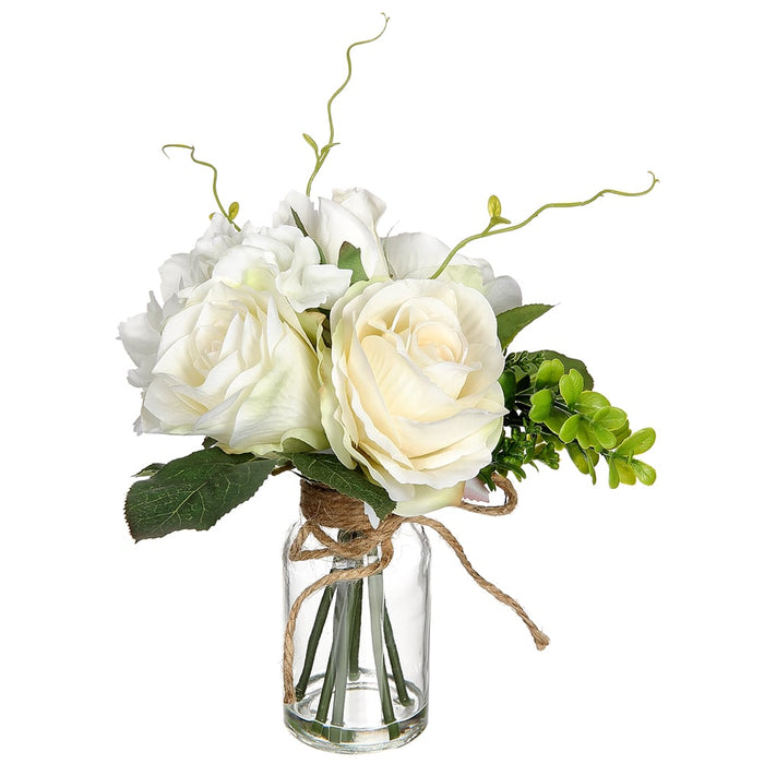 9" Silk Rose & Hydrangea Flower Arrangement w/Glass Vase -Cream (pack of 6) - LFR137-CR