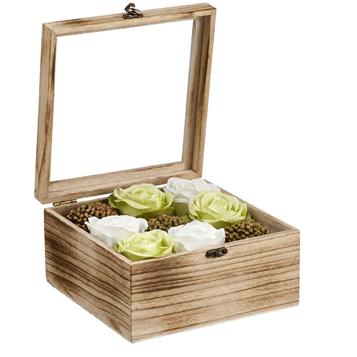4.7"Hx8.8" Boxed Silk Rose Flower & Sedum w/Wood Box -White/Green (Pack of 3) - LFR143-WH/GR