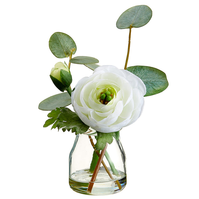 5.5" Silk Ranunculus Flower & Eucalyptus Leaf Arrangement w/Glass Vase -Cream (pack of 12) - LFR153-CR