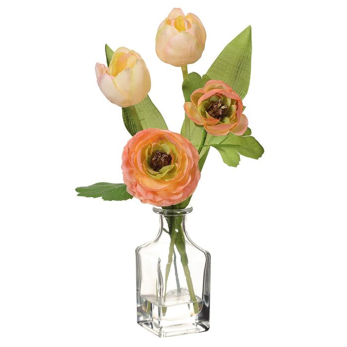 12" Silk Ranunculus Flower Arrangement w/Glass Vase -Salmon (pack of 12) - LFR271-SA