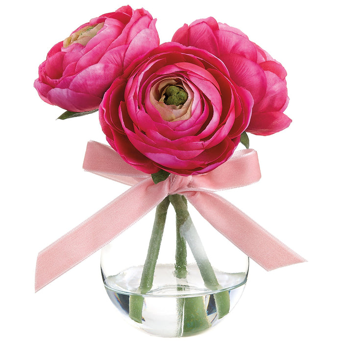 6" Ranunculus Silk Flower Arrangement w/Glass Vase -Beauty/Pink (Pack of 6) - LFR301-BT/PK