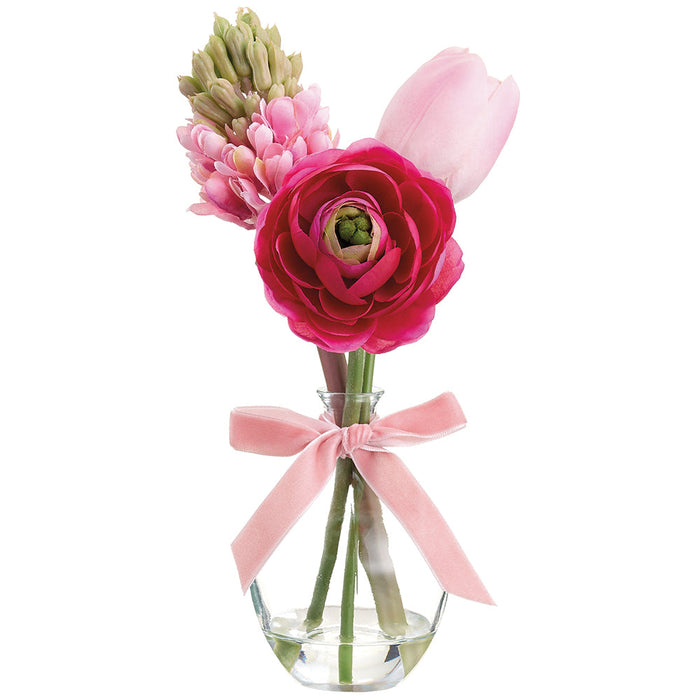 9.5" Ranunculus & Tulip Silk Flower Arrangement w/Glass Vase -Pink/Beauty (Pack of 6) - LFR305-PK/BT