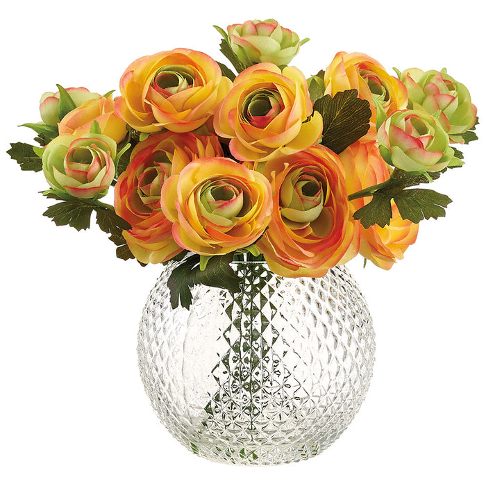 9" Ranunculus Silk Flower Arrangement w/Glass Vase -Orange (Pack of 2) - LFR490-OR
