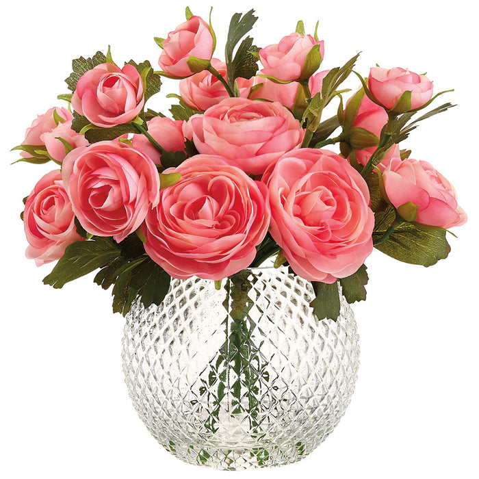 9" Ranunculus Silk Flower Arrangement w/Glass Vase -Pink (Pack of 2) - LFR490-PK