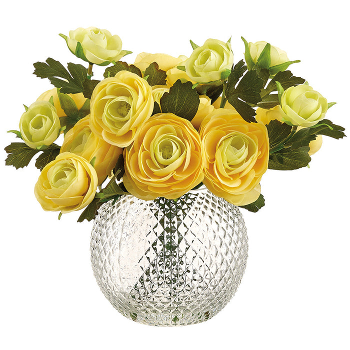 9" Ranunculus Silk Flower Arrangement w/Glass Vase -Yellow (Pack of 2) - LFR490-YE