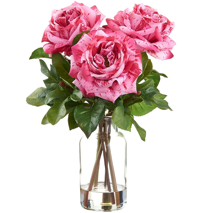 14" Rose Silk Flower Arrangement w/Glass Vase -Beauty/Pink (Pack of 6) - LFR553-BT/PK