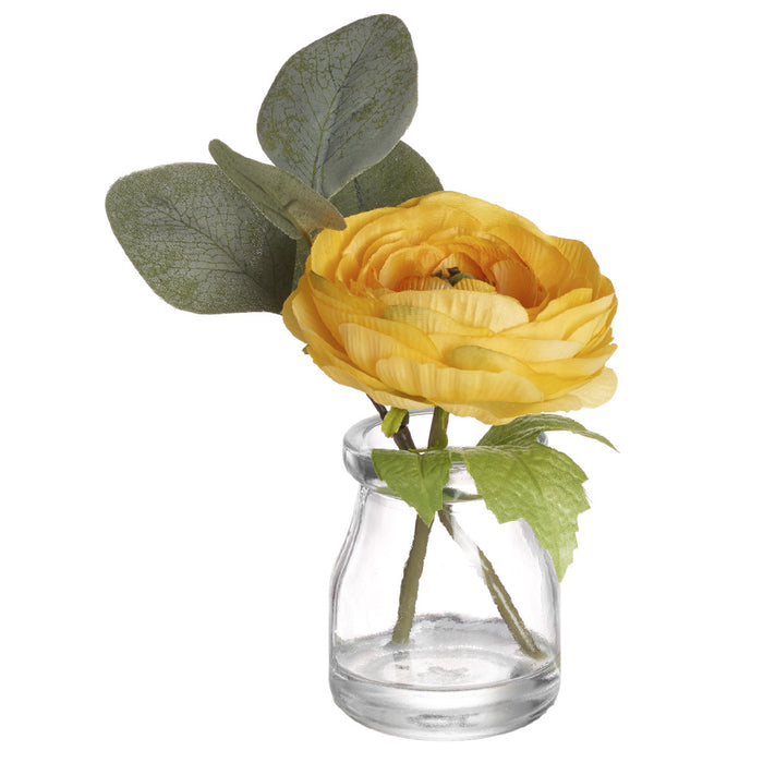 6" Silk Ranunculus Flower Arrangement w/Glass Vase -Yellow (pack of 6) - LFR570-YE
