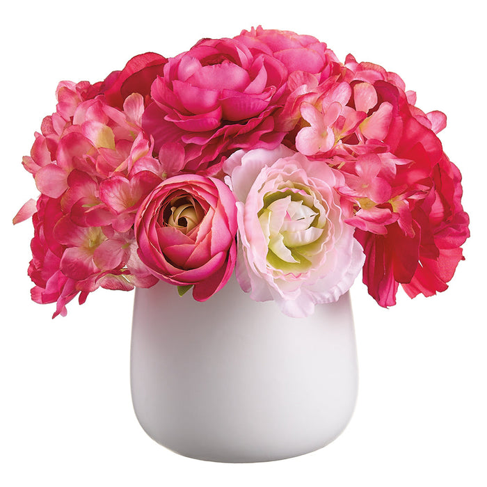 7.5" Ranunculus & Hydrangea Silk Flower Arrangement w/Ceramic Vase -Beauty/Pink (Pack of 6) - LFR704-BT/PK