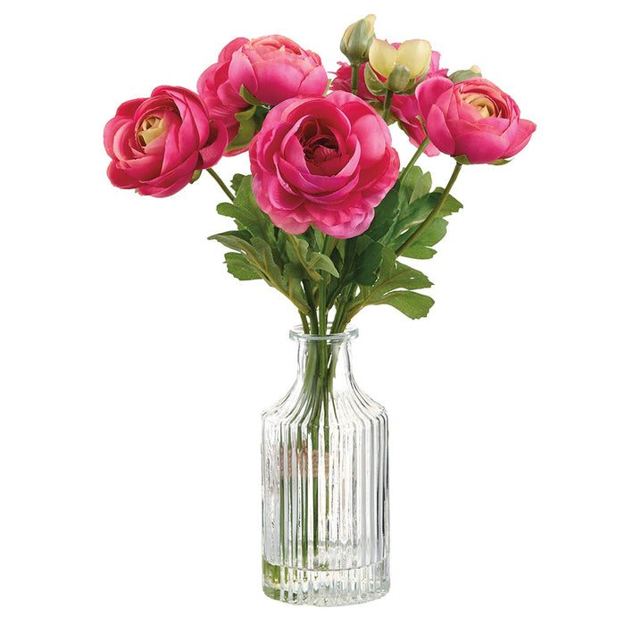 11.5" Ranunculus Silk Flower Arrangement w/Glass Vase -Beauty/Pink (Pack of 12) - LFR705-BT/PK
