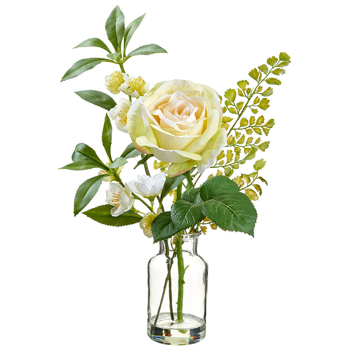 14" Rose, Blossom & Fern Leaf Silk Flower Arrangement w/Glass Vase -Cream/Green (Pack of 6) - LFR756-CR/GR