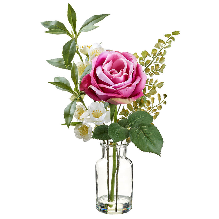 14" Rose, Blossom & Fern Leaf Silk Flower Arrangement w/Glass Vase -Rose (Pack of 6) - LFR756-RO