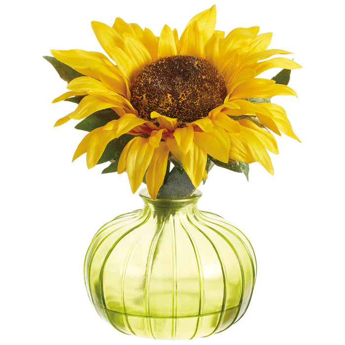 7.5" Sunflower Silk Flower Arrangement w/Glass Vase -Yellow (Pack of 6) - LFS091-YE