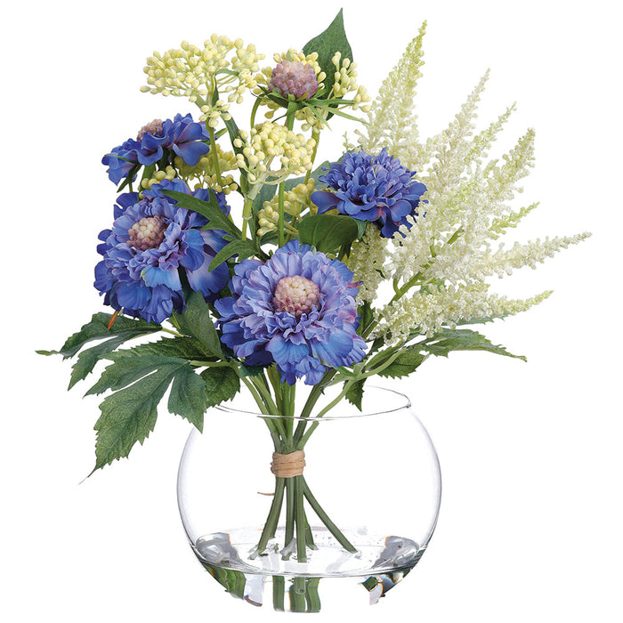 12" Scabiosa & Astilbe Silk Flower Arrangement w/Glass Vase -Blue (Pack of 2) - LFS402-BL