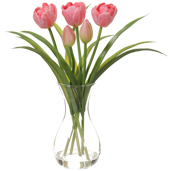 13" Tulip Silk Flower Arrangement w/Glass Vase -Pink (Pack of 12) - LFT002-PK