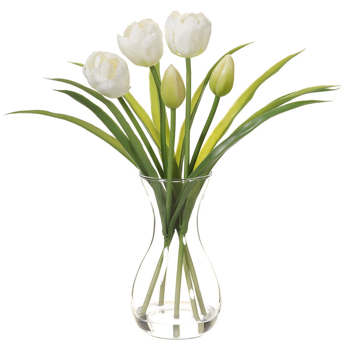 13" Tulip Silk Flower Arrangement w/Glass Vase -White (Pack of 12) - LFT002-WH
