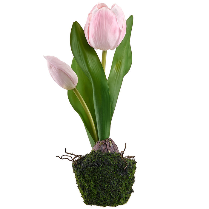 9.5" Tulip Silk Flower Arrangement w/Moss & Soil Ball -Soft Pink (Pack of 8) - LFT100-PK/SO