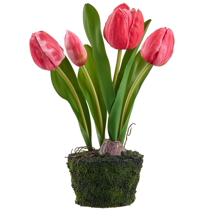 10.5" Tulip Silk Flower Arrangement w/Moss & Soil Ball -Crimson (Pack of 6) - LFT102-CS