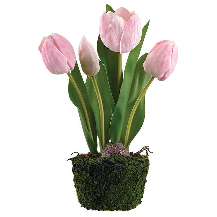 10.5" Tulip Silk Flower Arrangement w/Moss & Soil Ball -Soft Pink (Pack of 6) - LFT102-PK/SO