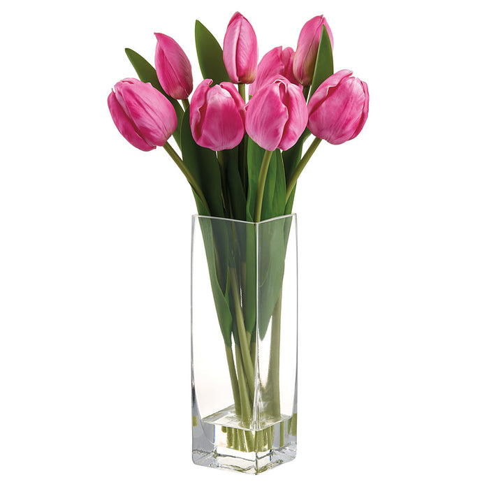 13.5" Tulip Silk Flower Arrangement w/Glass Vase -Fuchsia (Pack of 6) - LFT109-FU