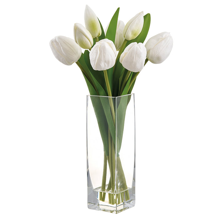 13.5" Tulip Silk Flower Arrangement w/Glass Vase -White (Pack of 6) - LFT109-WH