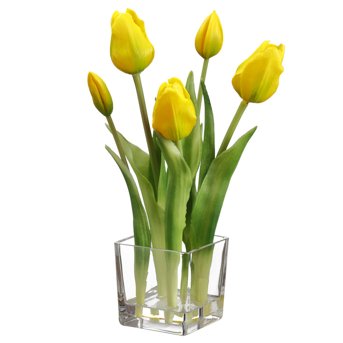 12" Faux Tulip Flower Arrangement w/Glass Vase -Yellow (pack of 6) - LFT118-YE