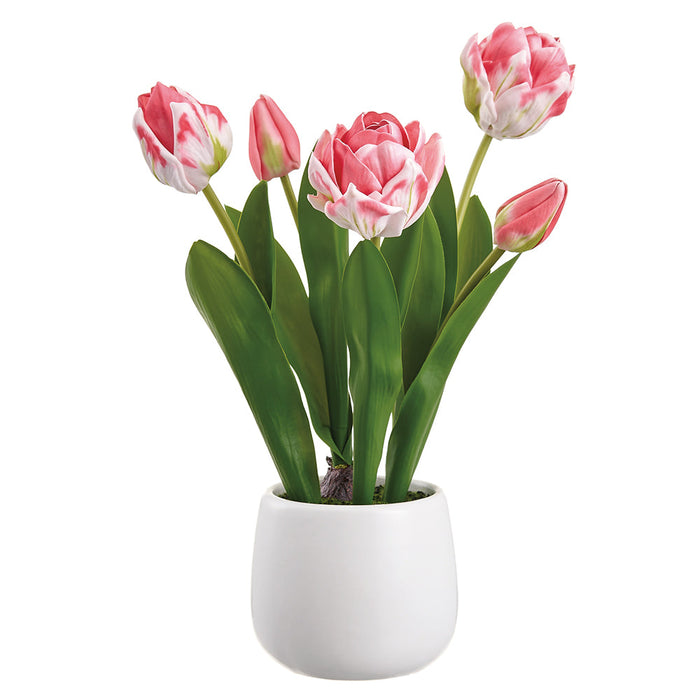 13.5" Tulip Silk Flower Arrangement w/Ceramic Vase -Coral (Pack of 6) - LFT145-CO