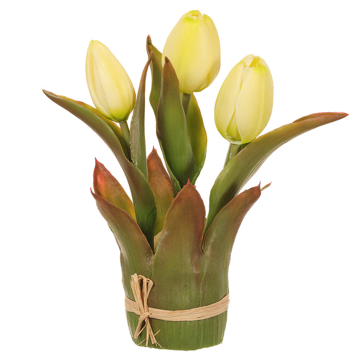 8" Artificial Tulip Flower Arrangement w/Leaf Planter -Yellow (pack of 12) - LFT183-YE