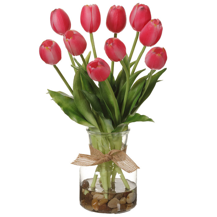 15" Tulip Silk Flower Arrangement w/Glass Vase -Beauty (pack of 2) - LFT213-BT