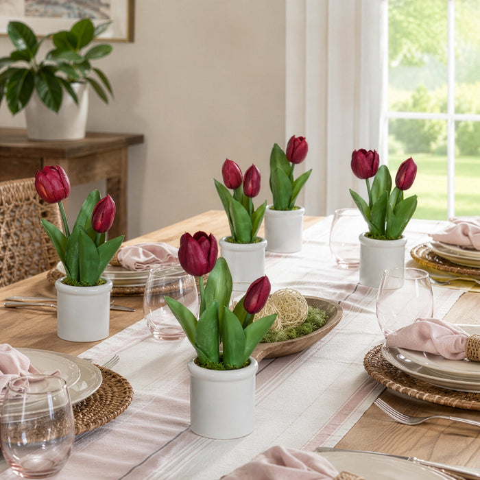 9" Tulip Silk Flower Arrangement w/Terra Cotta Vase -Burgundy (Pack of 12) - LFT239-BU