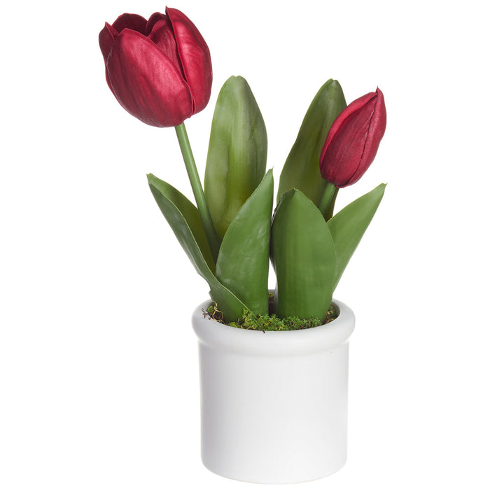 9" Tulip Silk Flower Arrangement w/Terra Cotta Vase -Burgundy (Pack of 12) - LFT239-BU