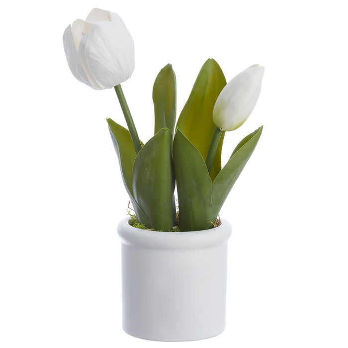 9" Tulip Silk Flower Arrangement w/Terra Cotta Vase -White (Pack of 12) - LFT239-WH