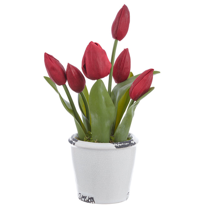 12" Tulip Silk Flower Arrangement w/Terra Cotta Vase -Burgundy (Pack of 6) - LFT242-BU