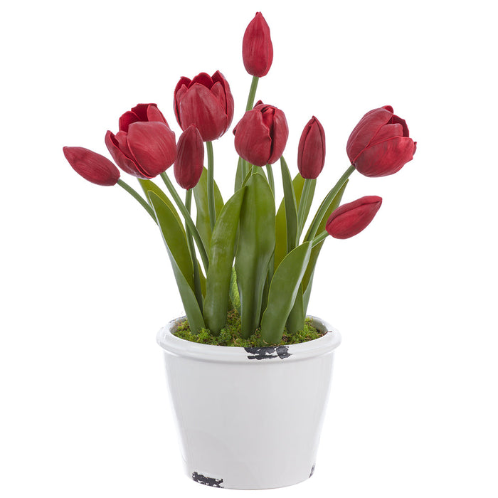 16" Tulip Silk Flower Arrangement w/Terra Cotta Vase -Burgundy (Pack of 4) - LFT243-BU