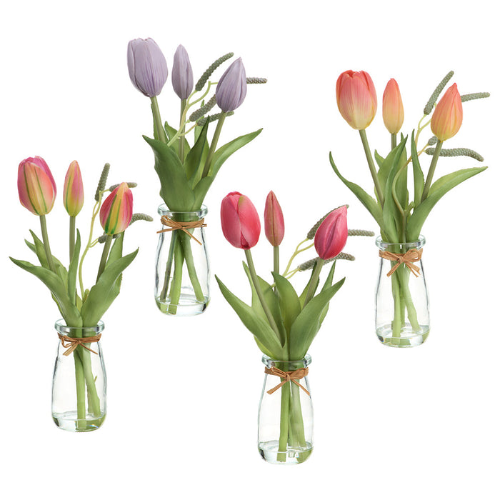 9" Set Of Tulips Silk Flower Arrangements w/Glass Vase -Pink/Lavender - LFT272-PK/LV