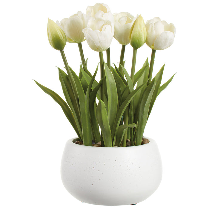 11" Tulip Silk Flower Arrangement w/Ceramic Vase -White (Pack of 6) - LFT282-WH