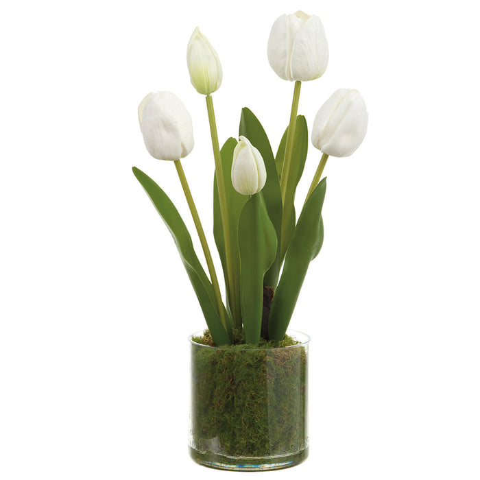 15" Tulip Artificial Flower Arrangement w/Clear Plastic Pot -White (Pack of 6) - LFT290-WH
