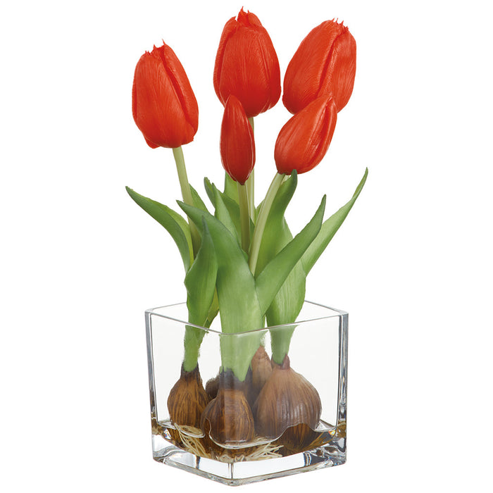 9" Tulip Silk Flower Arrangement w/Glass Vase -Red (Pack of 6) - LFT316-RE