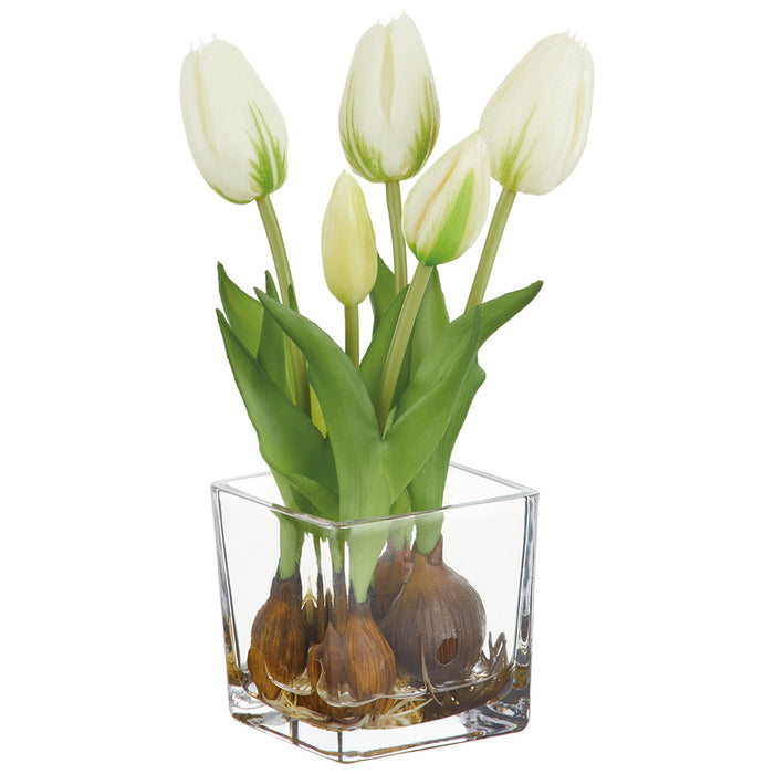 9" Tulip Silk Flower Arrangement w/Glass Vase -White/Green (pack of 6) - LFT316-WH/GR