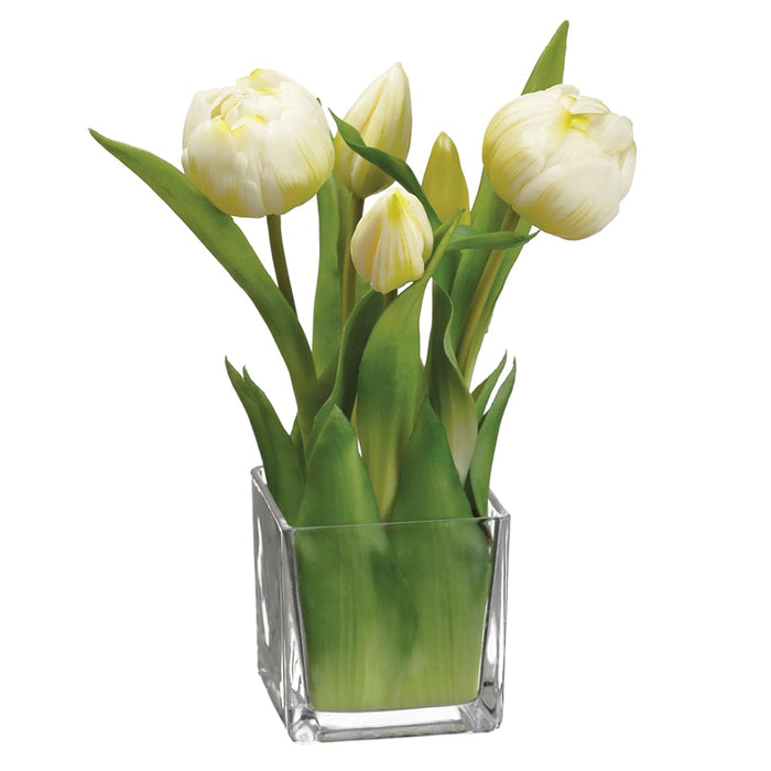 9" Silk Tulip Flower Arrangement w/Glass Vase -White (pack of 6) - LFT428-WH
