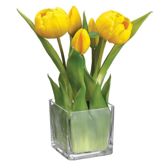9" Silk Tulip Flower Arrangement w/Glass Vase -Yellow (pack of 6) - LFT428-YE