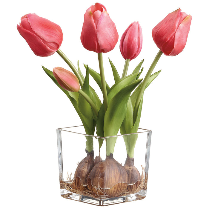 9" Tulip With Bulb Silk Flower Arrangement w/Glass Vase -Fuchsia (Pack of 6) - LFT533-FU